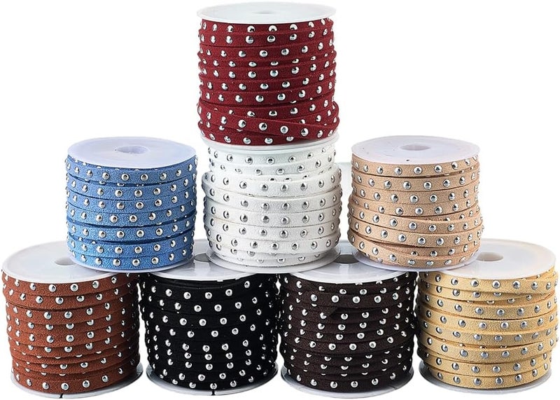 CALFOVERA 43.7 Yards 8 Colors Faux Suede Cord for Jewelry Making 5mm Studded Flat Leather Lace Beading String Rope Strips Trim Ribbon with Silver Punk Rivets for Necklaces Bracelets DIY Crafts - Image 1